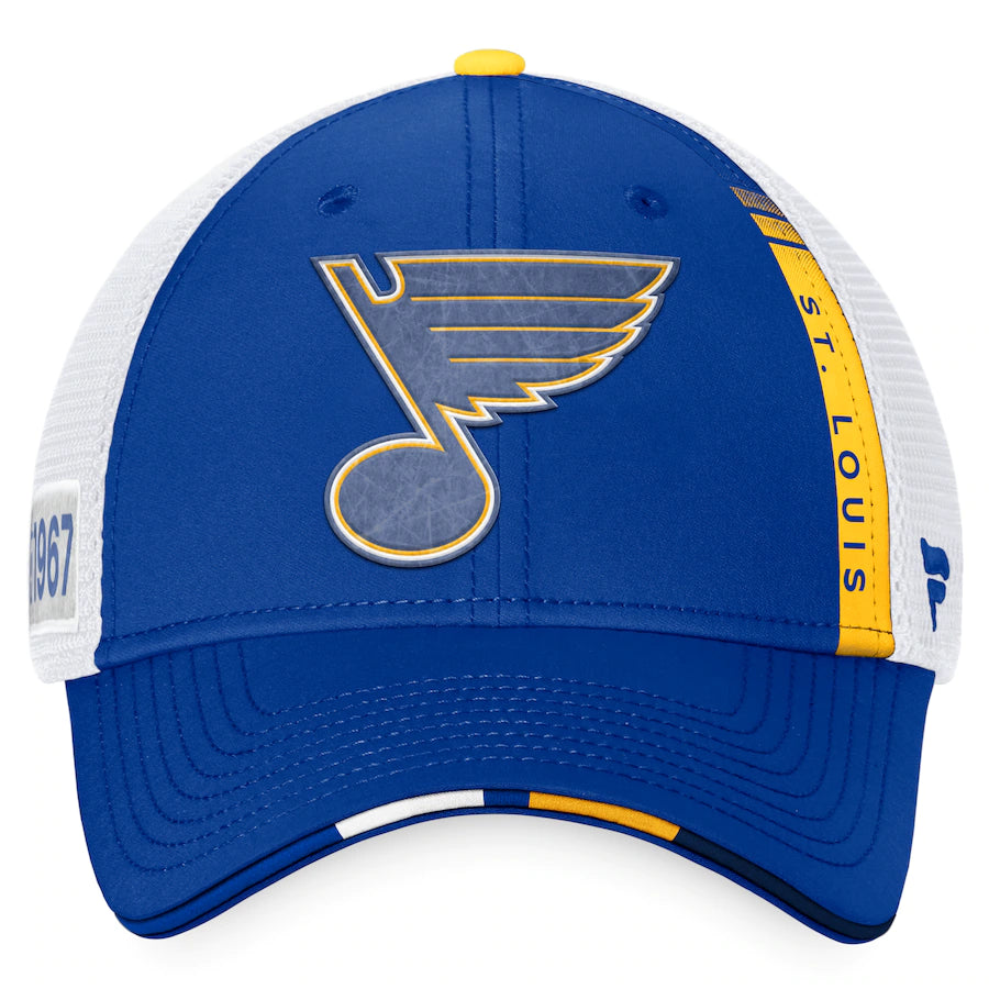Men's Fanatics Branded Blue/White St. Louis Blues 2022 NHL Draft Authentic Pro On Stage Trucker Adjustable Hat