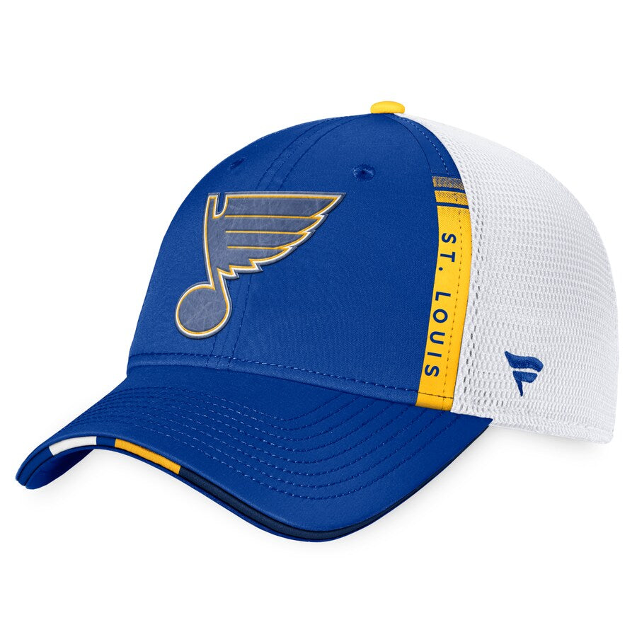 Men's Fanatics Branded Blue/White St. Louis Blues 2022 NHL Draft Authentic Pro On Stage Trucker Adjustable Hat